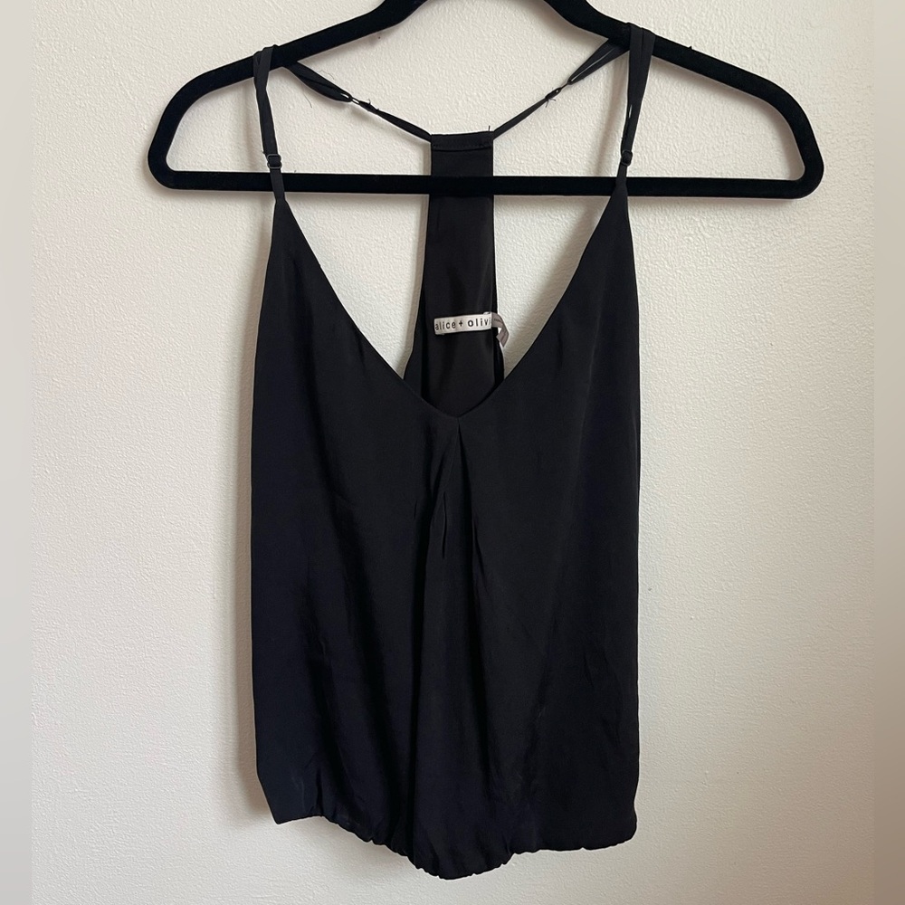 Alice + Olivia Black Silk Flowy Racerback Tank Top